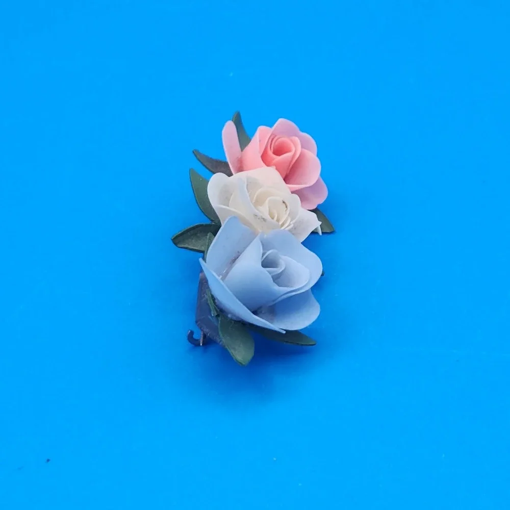 Vintage Celluloid Pastel Rose Brooch Pink Blue White Floral Pin Acrylic Base